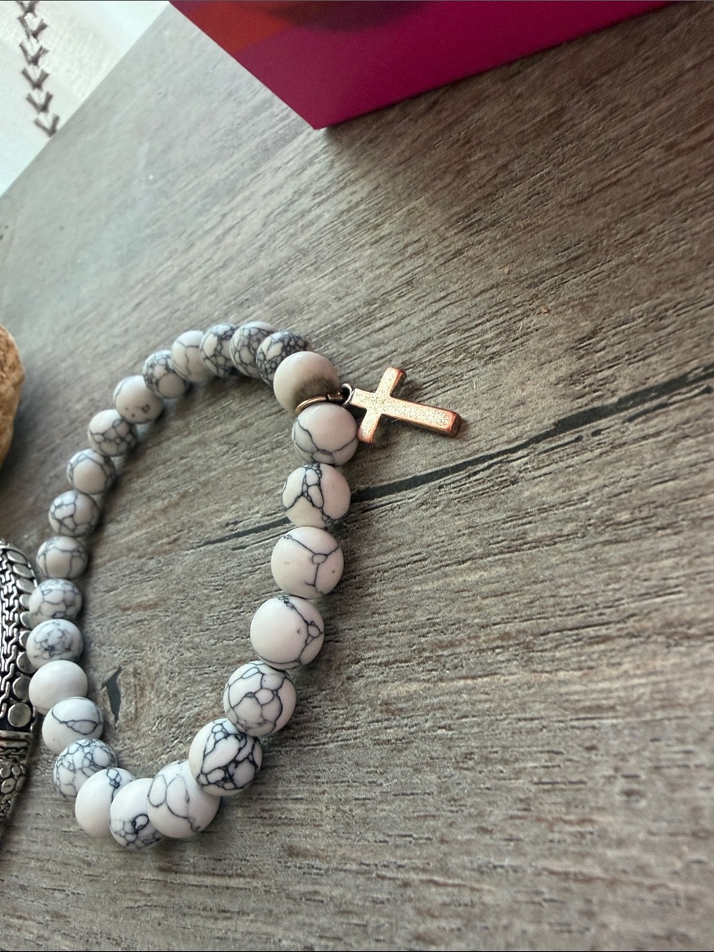 White Howlite Beaded Bracelet with Gold Cross Charm -